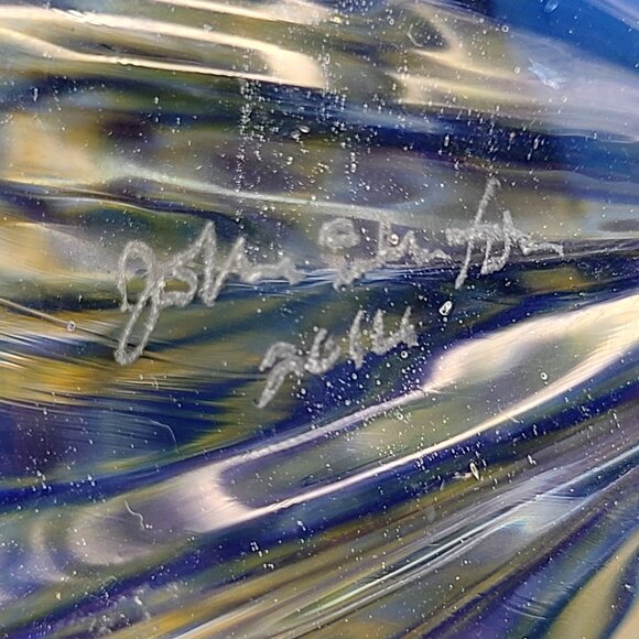 John Fenton Art Glass Pumpkin Blue Yellow Frit Appears Greenish 2014 4 1/2" Dm - Picture 9 of 11